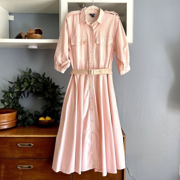 Jennifer Moore Dresses & Skirts - Vtg 80’s Jennifer Moore Pink Striped Button Front Shirtdress Midi Full Skirt Sun